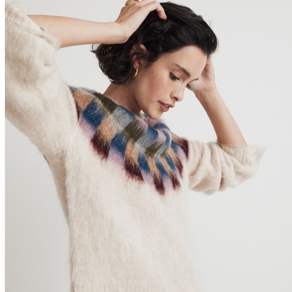 Madewell Brushed Checkerboard Fair Isle Oversized Sweater Ivory Multi Women’s S - Picture 4 of 12